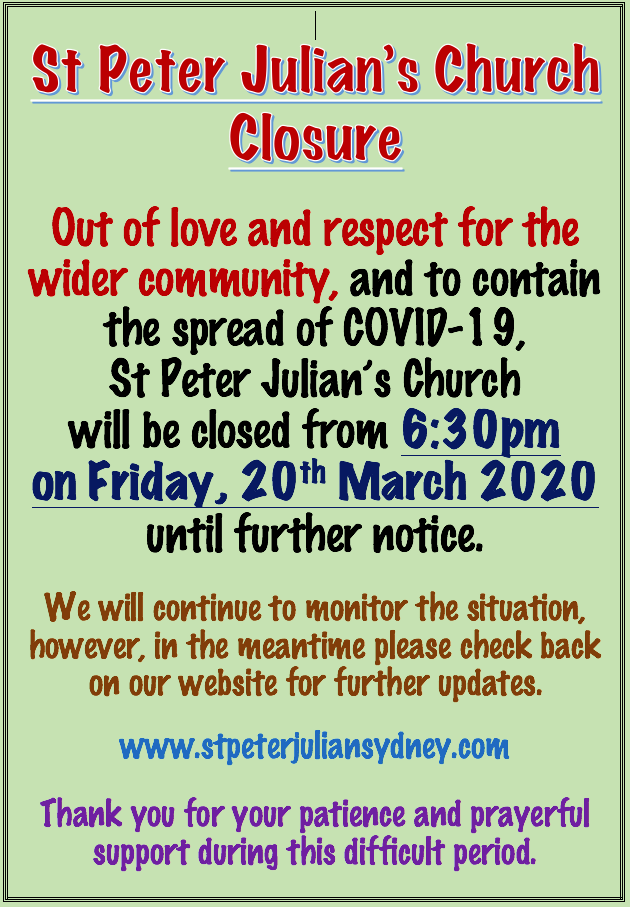 St Peter Julian's Church Closure - from 20th March evening